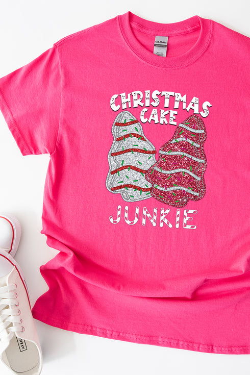 Faux Sequin Christmas Tree Junkie Transfer Short Sleeve Relaxed Fit T-Shirt