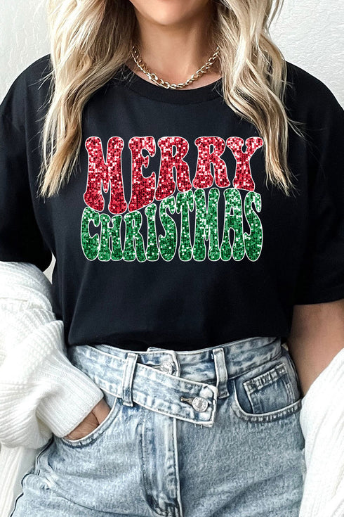 Faux Sequin Retro Merry Christmas Transfer Short Sleeve Relaxed Fit T-Shirt