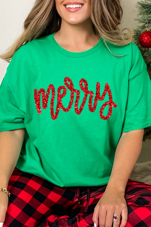 Merry Script Faux Tinsel Transfer Short Sleeve Relaxed Fit T-Shirt