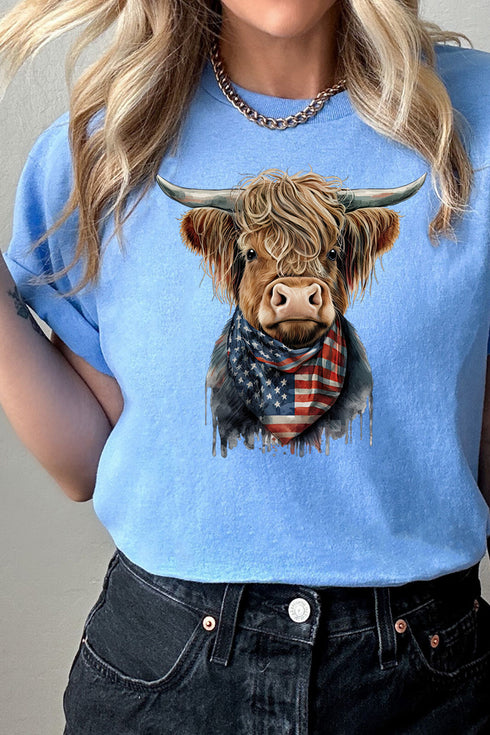 Stars And Stripes Highland Cow Short Sleeve Relaxed Fit T-Shirt