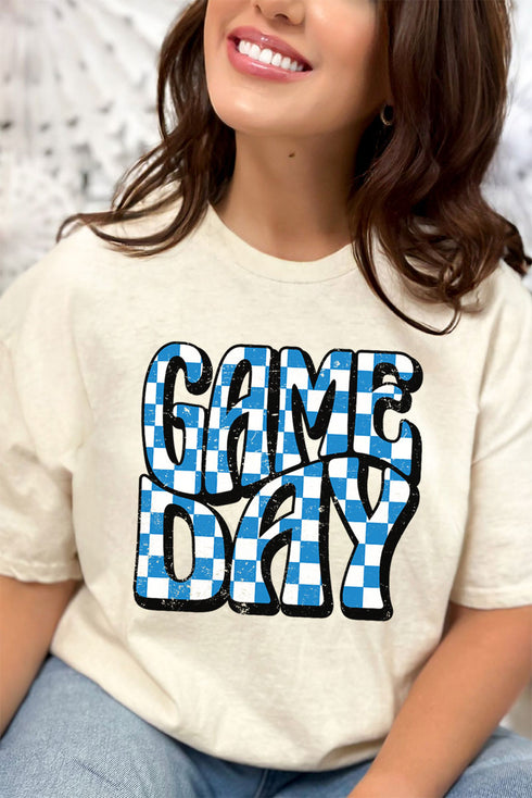 Blue Checkered Game Day Short Sleeve Relaxed Fit T-Shirt