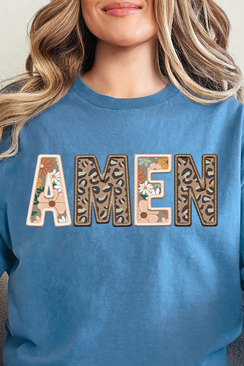 Boho Amen Faux Embroidery Transfer Short Sleeve Relaxed Fit T-Shirt