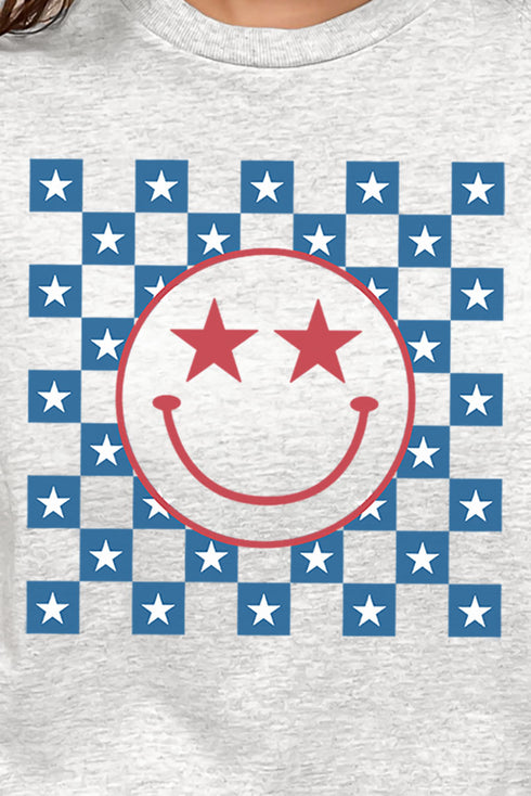 Checkered Retro Patriotic Smile Short Sleeve Relaxed Fit T-Shirt