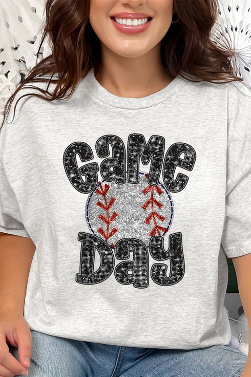 Game Day Baseball Faux Sequin Transfer Short Sleeve Relaxed Fit T-Shirt