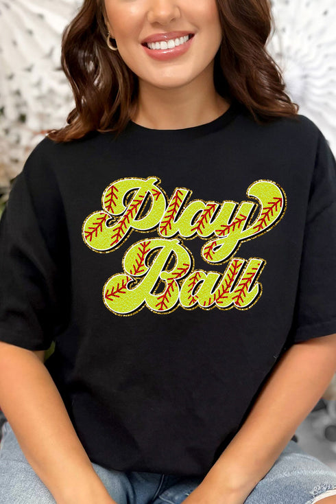 Play Ball Softball Faux Chenille Patch Transfer Short Sleeve Relaxed Fit T-Shirt