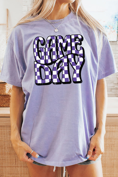 Purple Checkered Game Day Short Sleeve Relaxed Fit T-Shirt