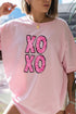 Faux Sequin Pink Stacked XOXO Transfer Short Sleeve Relaxed Fit T-Shirt