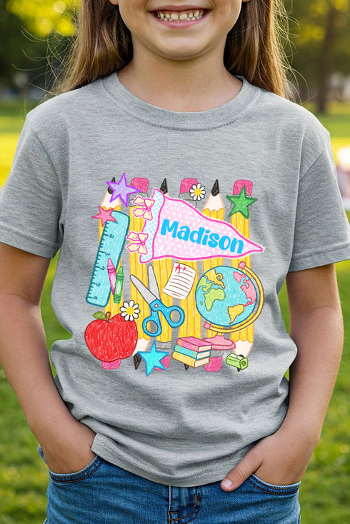 Youth Personalized School Day Sketches Short Sleeve Relaxed Fit T-Shirt *Enter Kid's Name