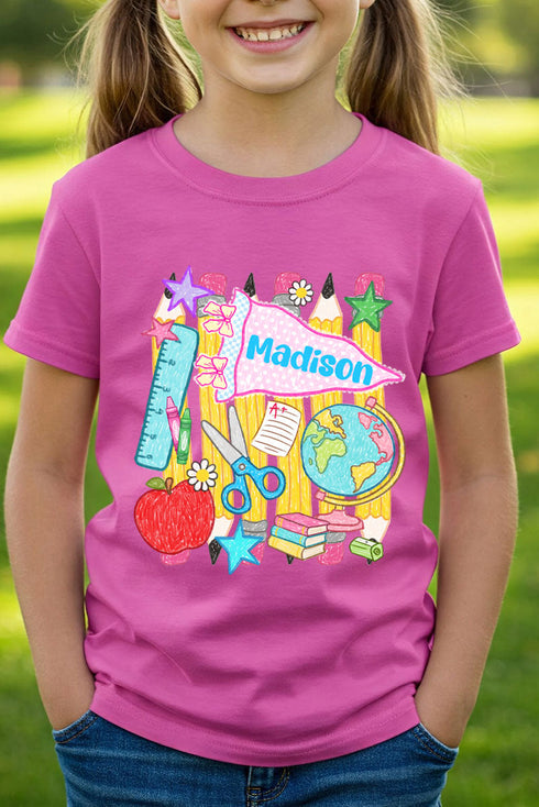 Youth Personalized School Day Sketches Short Sleeve Relaxed Fit T-Shirt *Enter Kid's Name