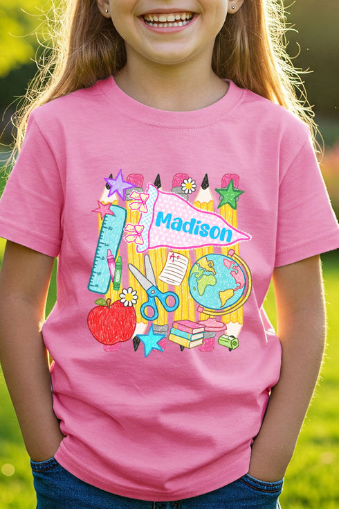 Youth Personalized School Day Sketches Short Sleeve Relaxed Fit T-Shirt *Enter Kid's Name