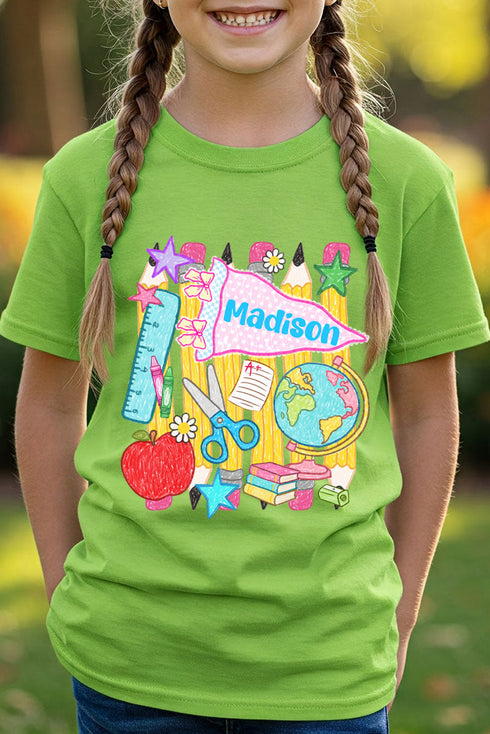 Youth Personalized School Day Sketches Short Sleeve Relaxed Fit T-Shirt *Enter Kid's Name