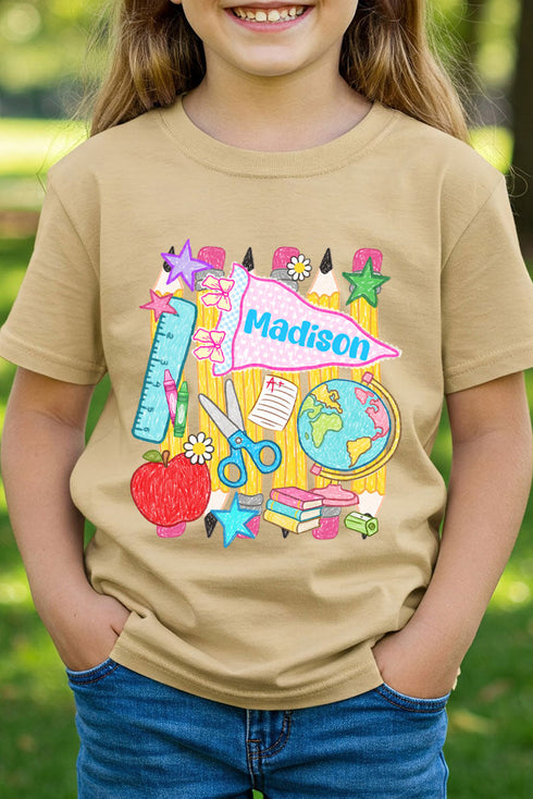 Youth Personalized School Day Sketches Short Sleeve Relaxed Fit T-Shirt *Enter Kid's Name
