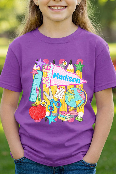 Youth Personalized School Day Sketches Short Sleeve Relaxed Fit T-Shirt *Enter Kid's Name