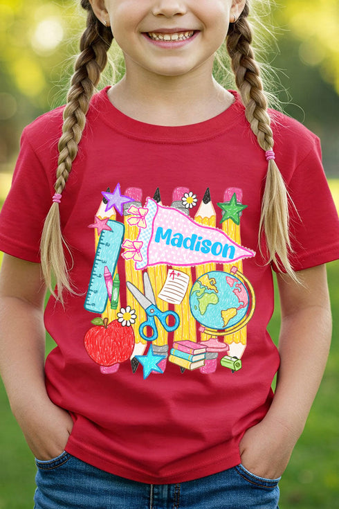 Youth Personalized School Day Sketches Short Sleeve Relaxed Fit T-Shirt *Enter Kid's Name