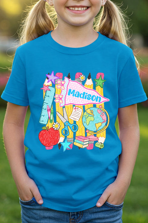 Youth Personalized School Day Sketches Short Sleeve Relaxed Fit T-Shirt *Enter Kid's Name
