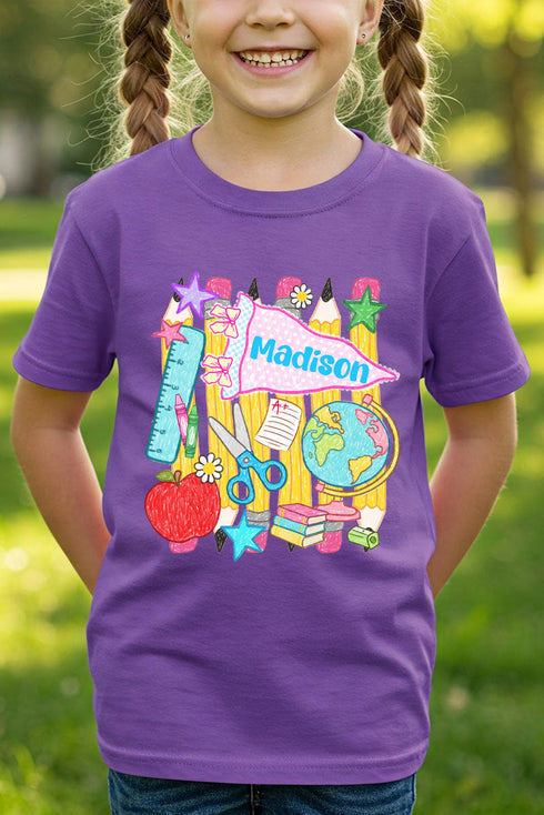 Youth Personalized School Day Sketches Short Sleeve Relaxed Fit T-Shirt *Enter Kid's Name