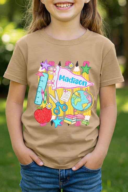 Youth Personalized School Day Sketches Short Sleeve Relaxed Fit T-Shirt *Enter Kid's Name