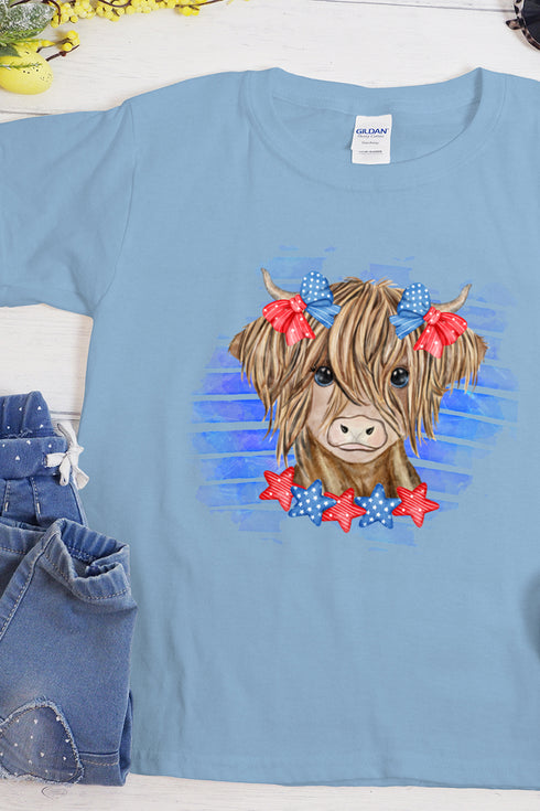 Youth Patriotic Highland Cow Short Sleeve Relaxed Fit T-Shirt