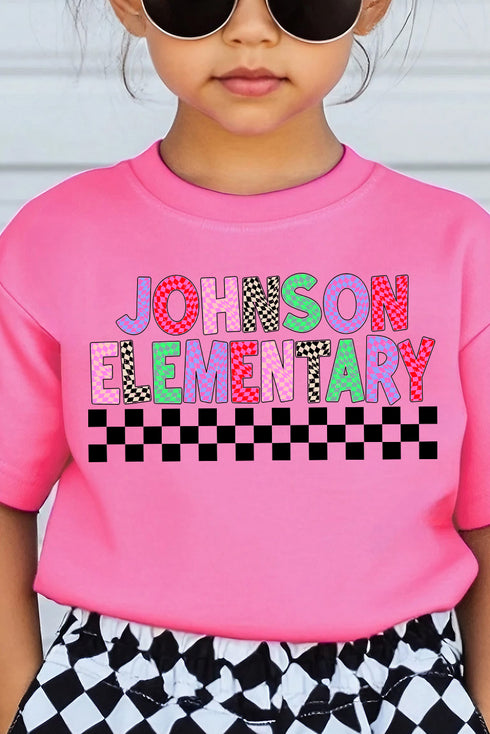 Youth Johnson Elementary Checkered School Short Sleeve Relaxed Fit T-Shirt
