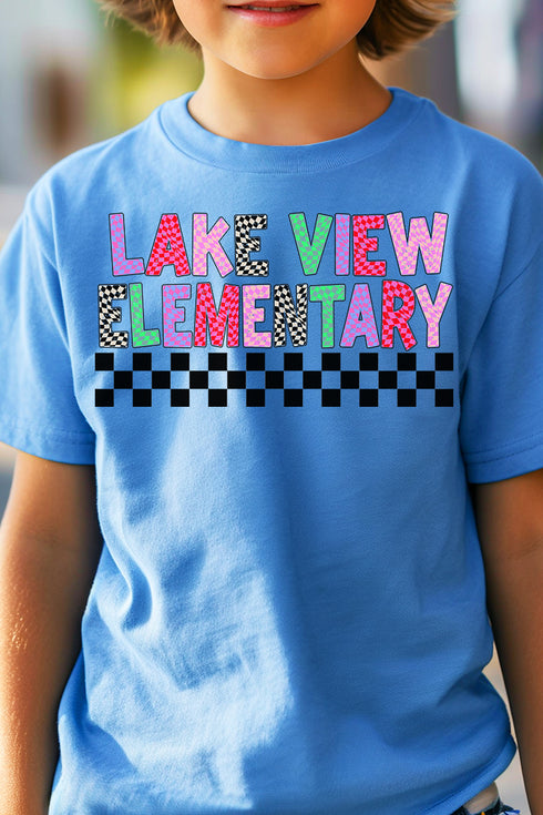 Youth Lake View Elementary Checkered School Short Sleeve Relaxed Fit T-Shirt