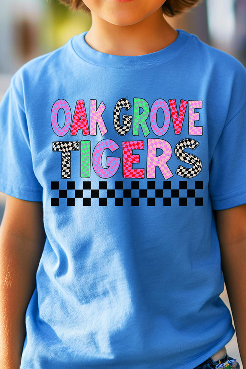 Youth Oak Grove Tigers Checkered School & Mascot Short Sleeve Relaxed Fit T-Shirt
