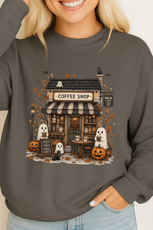 Brew & Boo Coffee Shop Heavy Cotton Long Sleeve Adult T-Shirt