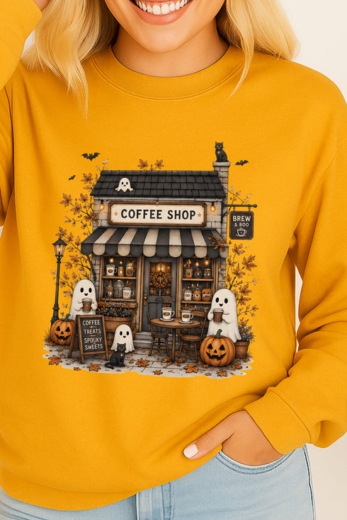 Brew & Boo Coffee Shop Heavy Cotton Long Sleeve Adult T-Shirt