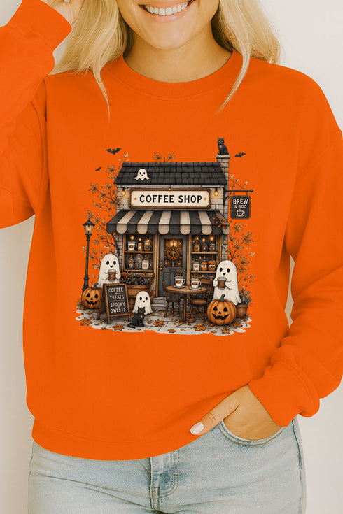 Brew & Boo Coffee Shop Heavy Cotton Long Sleeve Adult T-Shirt