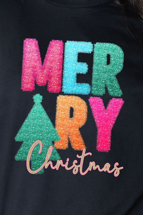 Faux Tinsel Merry Christmas Transfer Heavy Cotton Long Sleeve Adult T-Shirt