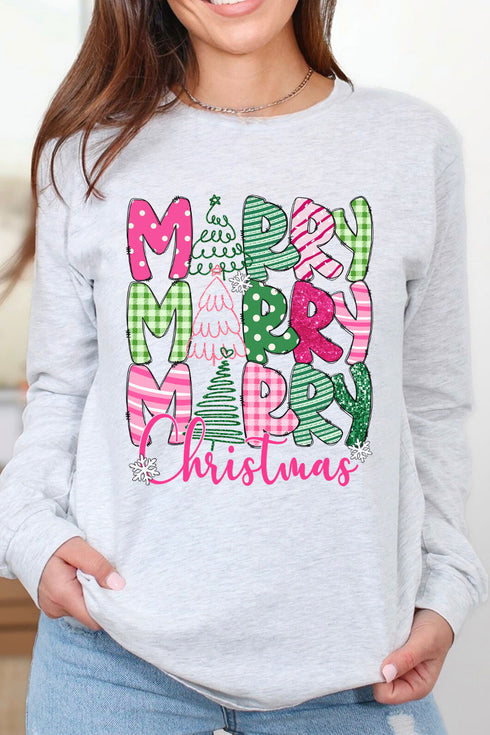 Green And Pink Merry Christmas Heavy Cotton Long Sleeve Adult T-Shirt