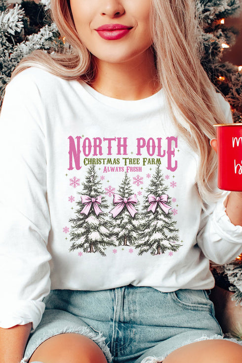 Pink North Pole Christmas Tree Farm Heavy Cotton Long Sleeve Adult T-Shirt