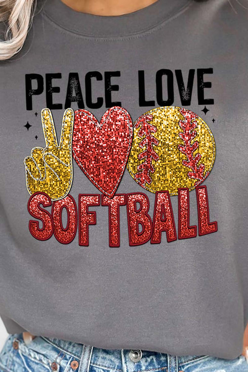 Faux Sequin Peace Love Softball Transfer Unisex NuBlend Crew Sweatshirt
