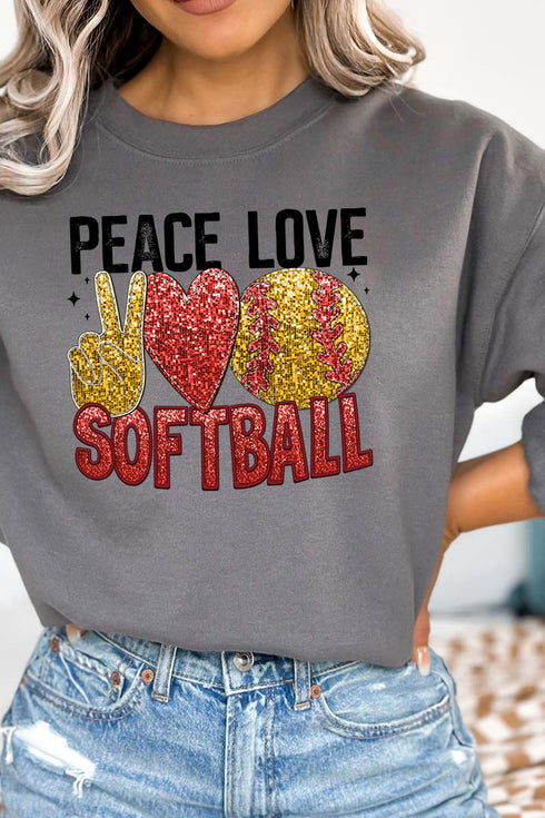 Faux Sequin Peace Love Softball Transfer Unisex NuBlend Crew Sweatshirt