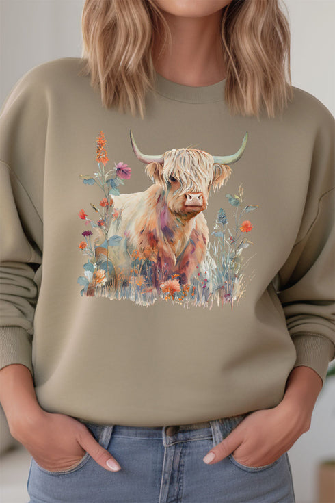 Floral Highland Cow Unisex NuBlend Crew Sweatshirt