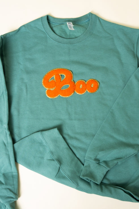 BOO Large Chenille Patch Unisex NuBlend Crew Sweatshirt