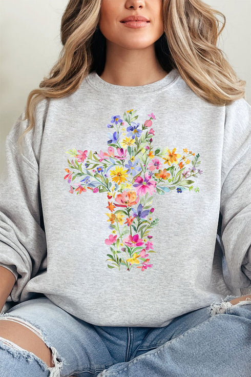 Watercolor Floral Cross Unisex NuBlend Crew Sweatshirt