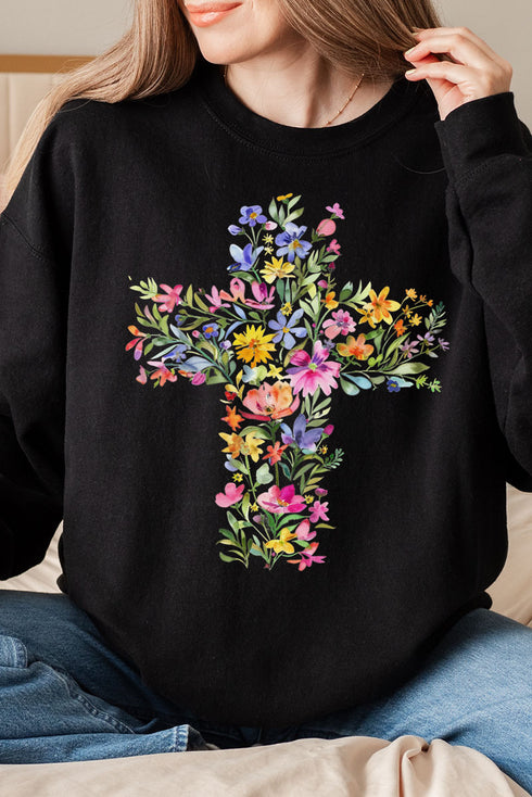 Watercolor Floral Cross Unisex NuBlend Crew Sweatshirt