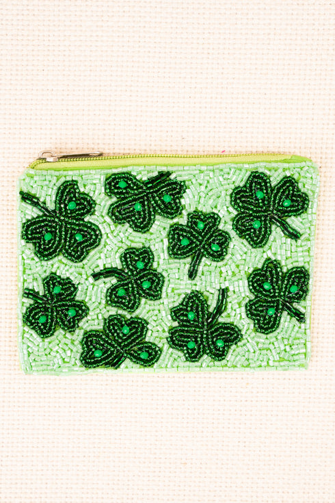 Green Shamrock Seed Bead Coin Purse