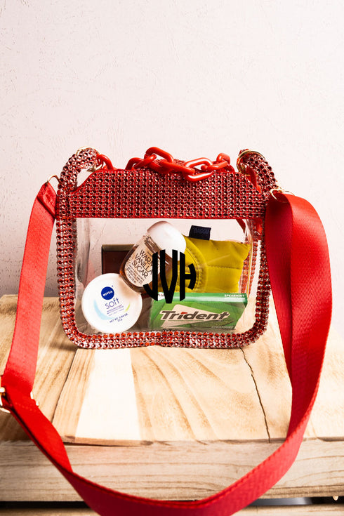 Sparkle Clear Crossbody with Red Multi-Faceted Stud Trim