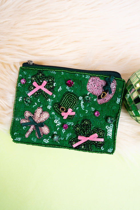 Shamrock My World Green Seed Bead Coin Purse
