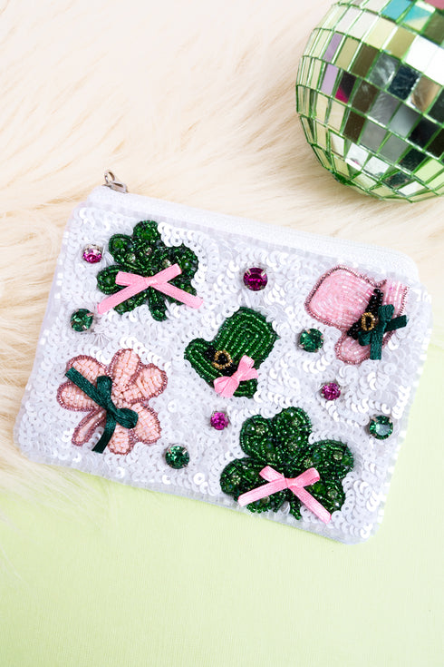 Shamrock My World White Seed Bead Coin Purse