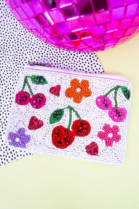 Cherry Bloom White Seed Bead Coin Purse