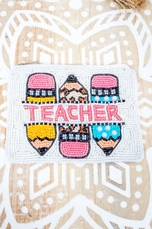Write on Point Teacher White Seed Bead Coin Purse