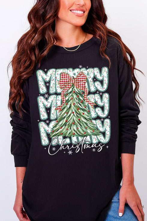Stacked Holly Merry Christmas Tree Heavyweight Long Sleeve T-Shirt