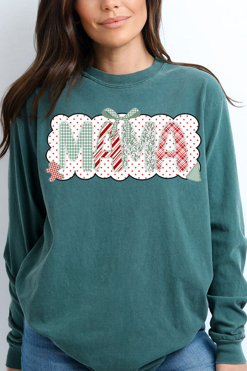 Green And Gingham Christmas Custom Name Comfort Colors Heavyweight Long Sleeve T-Shirt *Personalize Your Name