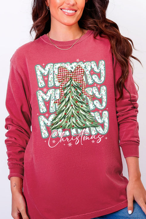 Stacked Holly Merry Christmas Tree Heavyweight Long Sleeve T-Shirt