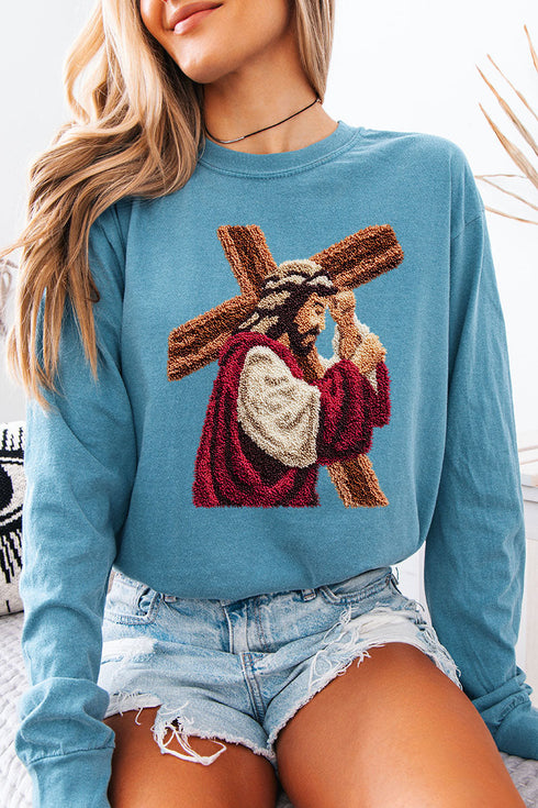 Faux Yarn Jesus At The Cross Comfort Colors Heavyweight Long Sleeve T-Shirt