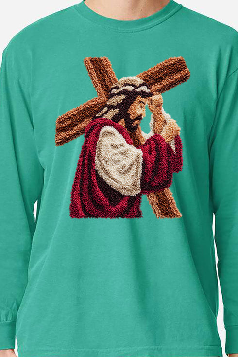 Faux Yarn Jesus At The Cross Comfort Colors Heavyweight Long Sleeve T-Shirt