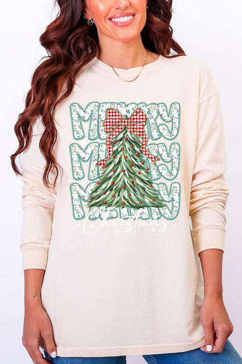 Stacked Holly Merry Christmas Tree Heavyweight Long Sleeve T-Shirt