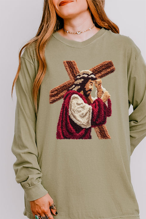 Faux Yarn Jesus At The Cross Comfort Colors Heavyweight Long Sleeve T-Shirt